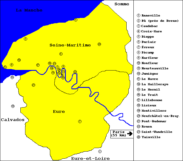 Une carte des départements de Seine-Maritime et d'Eure.