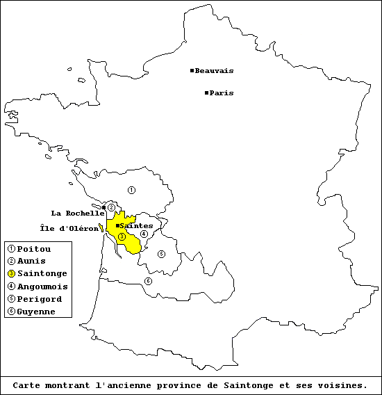 Carte montrant l'ancienne province de Saintonge et ses voisines