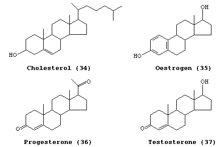 Line formulae of cholesterol, estrogen, progesterone, and testosterone