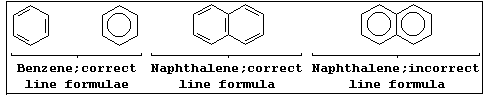 Correct and incorrect line formulae for benzene and naphthalene