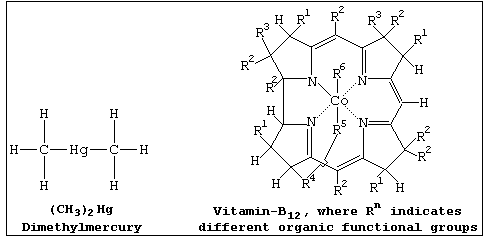 Structural and line formulae of dimethylmercury and vitamin-B12, respectively