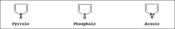 Line formulas of pyrrole, phosphole, and arsole